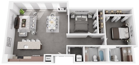 Floor plan for 2 beds, 2 baths, 1052 sqft